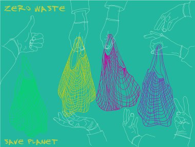 İp renkli çantalar ve farklı el hareketleriyle karalama vektör çizimi. Sıfır atık resim. Gezegenimizi koru. Plastik paket yok. Çizgi çalışması. Çevre koruması.