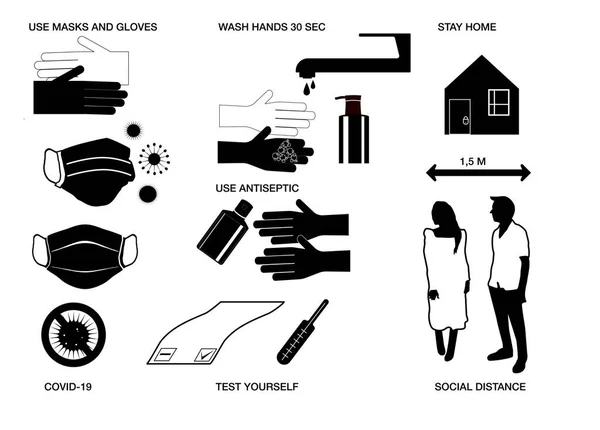 Relaterade Virusikoner Vektor Svartvita Tecken Förebyggande Åtgärder Säkerhetsanvisningar Pandemi Och — Stock vektor
