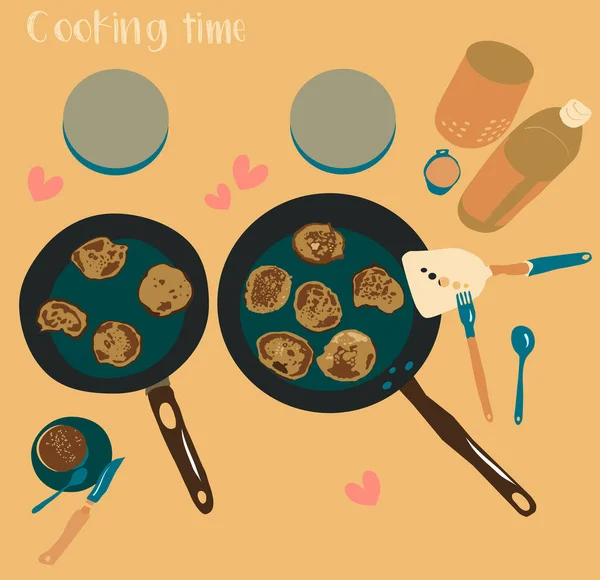 Frühstücksmenü Mit Pfannkuchen Kochen Auf Zwei Pfannen Handgezeichnete Realistische Vektordarstellung — Stockvektor