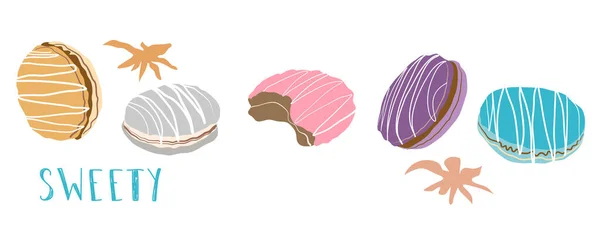 Set Macaron Colorati Torte Mandorle Macaron Illustrazione Vettoriale Disegnata Mano — Vettoriale Stock