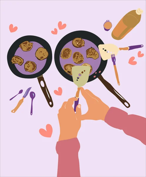 Mignon Menu Petit Déjeuner Avec Des Crêpes Deux Mains Cuisinant — Image vectorielle