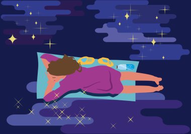 Kız halıya uzanıyor ve gece gökyüzünde uçuyor. El çizimi vektör çizimi. Tatil konsepti düz çizgi film stili. Güzel bir kız uyuyor ve rüyasında seyahat ediyor.