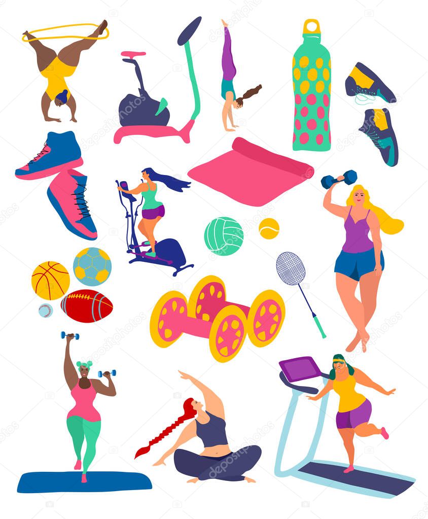 Sport exercises, yoga and sports equipment set.Cute funky plus size girls training.Flat characters vector illustration.Fitness with training apparatus.Gym,healthy style. Rackets,balls,dumbbells