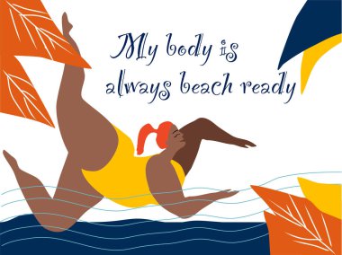 Mayo giymiş çekici şişman kadın avuç içleri arasında yüzüyor. Vücut pozitif funky düz stil vektörü. Mutlu ve büyük beden bir kızla el çizimi çizimi. Bedenim her zaman plaja hazır, renkli poster.