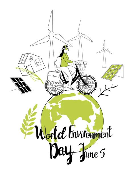 World Environment Day June Vector Illustration Girl Travell Bicycle Green — Stock Vector