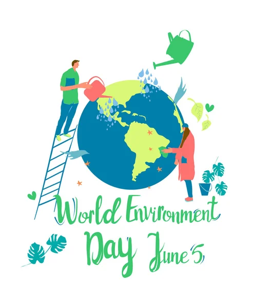 World Environment Day June Cartoon Flat Vector Illustration Man Woman — Stock Vector