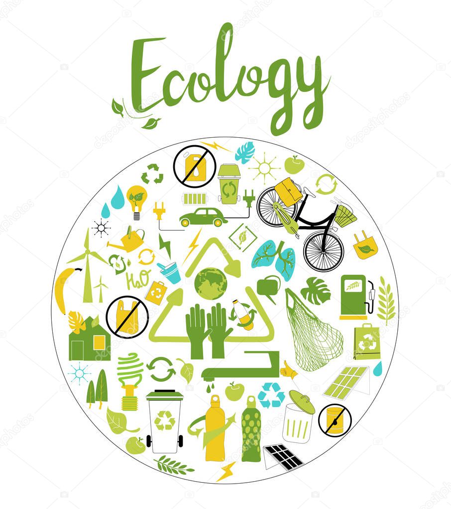 Green energy collection vector icon set. World environment day 5 june illustration.  Hand drawn ecology relative signs. Safe our planet, recycling, nature protection greeting card or design poster.