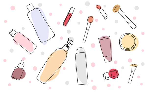Pielęgnacja skóry i makijaż produktów. Zestaw piękności. Zestaw butelek. — Wektor stockowy