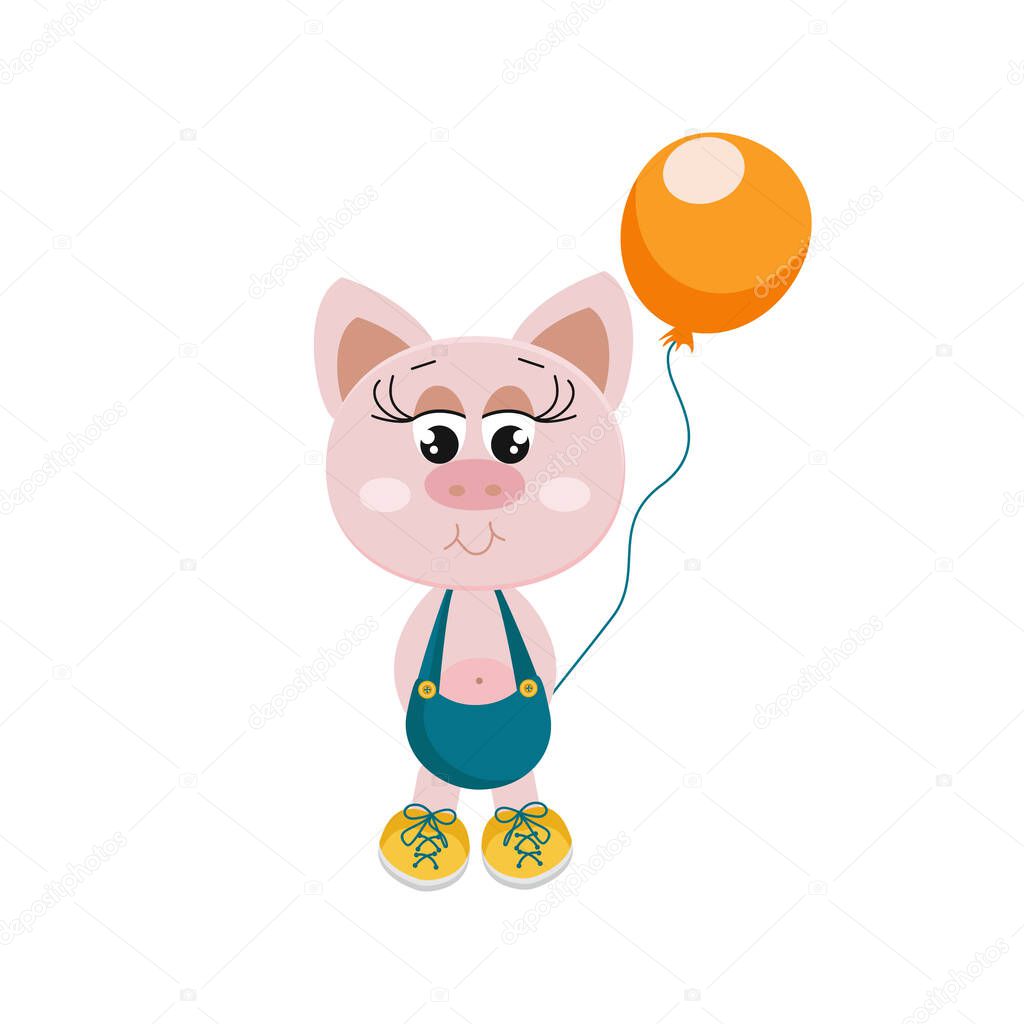 Cute pink pig with balloon isolated stock vector illustration