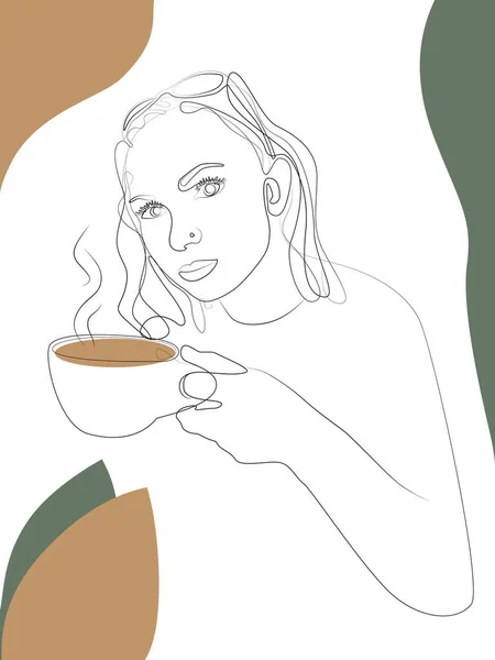 Girl drinking coffee line art drawing portrait, abstract stock vector illustration — Stock Vector
