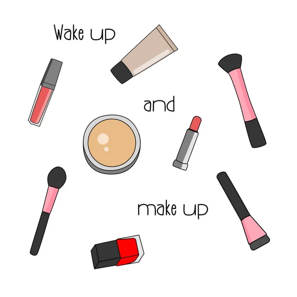 Conjunto de maquillaje y productos cosméticos stock vector ilustración — Vector de stock