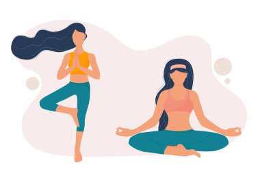 İki güzel kız farklı pozisyonlarda yoga yapıyor. Uyum ve sağlıklı yaşam. Stok vektör illüstrasyonu