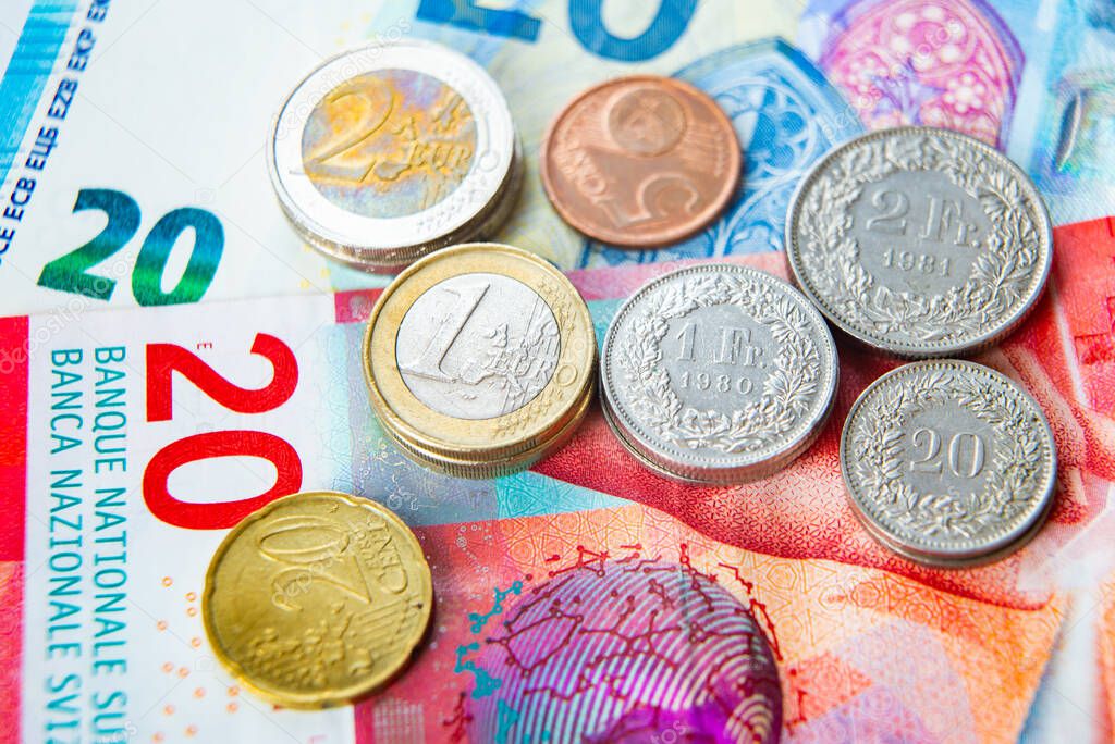 Euro and Swiss Francs coins and banknotes