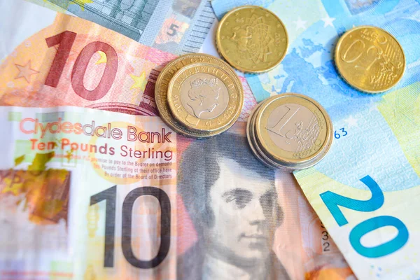 Monety Banknoty Euro Funty — Zdjęcie stockowe