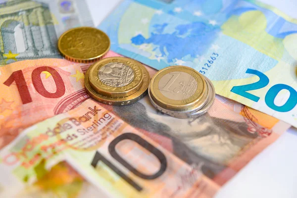Monety Banknoty Euro Funty — Zdjęcie stockowe