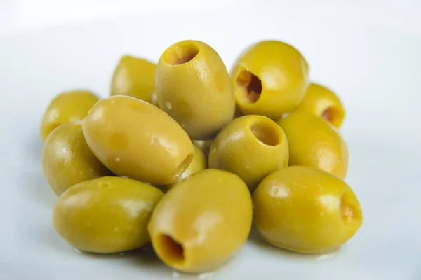 Green Olives White Plate — Stock Photo, Image