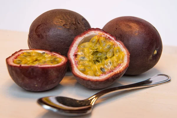 Cut Passion Fruit White Table — Stock Photo, Image