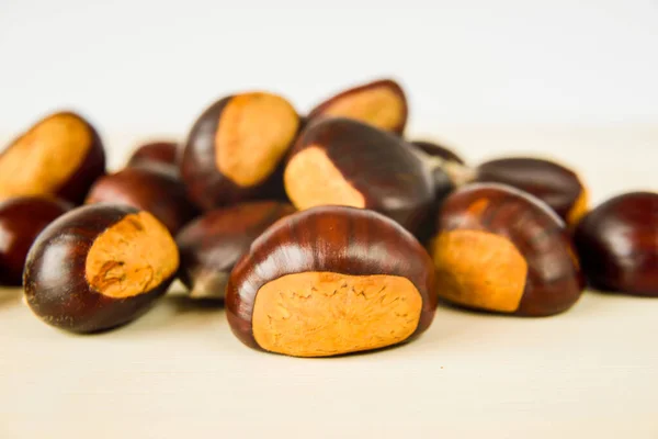 Freshly Picked Chestnuts Wooden Surface — Stock Photo, Image