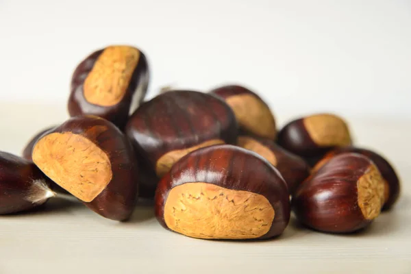 Freshly Picked Chestnuts Wooden Surface — Stock Photo, Image