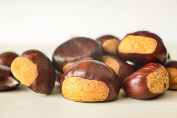 Freshly Picked Chestnuts Wooden Surface — Stock Photo, Image