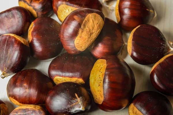 Freshly Picked Chestnuts Wooden Surface — Stock Photo, Image