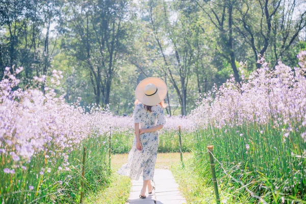 Sırtı ve çiçek tarlasında hasır şapkası olan mutlu Asyalı kadın çiçek tarlasında eğleniyor ve doğanın tadını çıkarıyor..