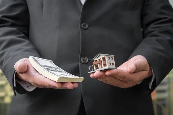 Miniature House Toy Money Man Hands Mortgage Concepts — Stock Photo, Image