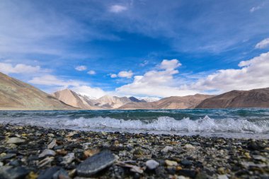 Leh, Ladakh, Hindistan 'daki Pangong Gölü kıyısında..