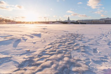 Saray köprüsü. Neva Nehri. Saint-Petersburg 'da. Rusya kışın.