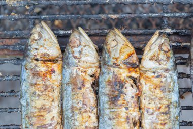 Tuzlanmış ızgara ızgara ızgara kömür ocağında Tayland sokak yemeklerinde satılıyor.