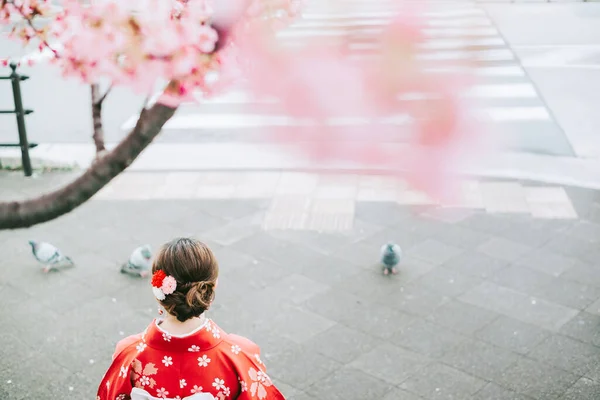 Азиатская Женщина Традиционном Японском Кимоно Расслабляется Сидя Деревом Киото Опыт — стоковое фото
