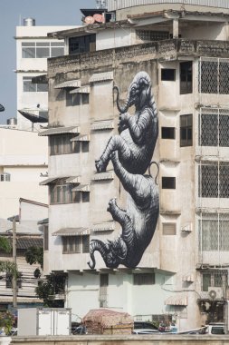 bir fil graffity chao phraya nehrin Tayland Bangkok şehir, bir evde. Tayland, Bangkok, Kasım, 2017.