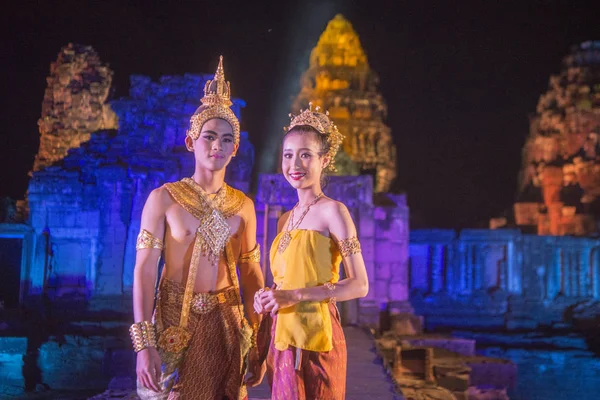 Zvuk Světelná Show Rudých Chrám Ruiny Phimai Festivalu Phimai Nakhon — Stock fotografie