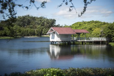 Provinz Nakhon Ratchasima Tayland Isan içinde Phimai kasaba Sai Ngam Bayan ağacında yakınındaki Gölde yüzen bir ev. Tayland, Phimai, Kasım, 2017.