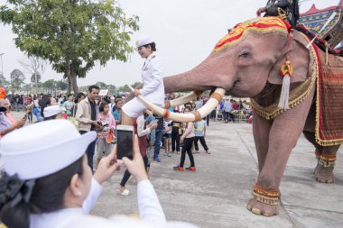 bir fil tradititional Satuek kasaba kuzeyinde şehir Buri Ram Isan kuzeydoğu Tayland'Mun Nehri Longboat yarışı, poz gouvernment insanlar. Tayland, Buriram, Kasım, 2017.