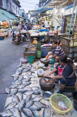 Balık ve deniz ürünleri, şehrin Buri Ram Isan kuzeydoğu Tayland gıda pazarında. Tayland, Buriram, Kasım, 2017.