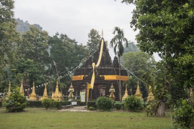Kuzey Tayland 'ın Chiang Rai eyaletindeki Mae Sai sınırındaki Mae Sai kasabası yakınlarındaki Wat Tham Pla mağarasına giden adımlar. Tayland, Mae Sai, Kasım 2019