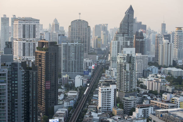 The skyline from the Roof Top of the Marriott Hotel with the Sukhumvit road in the city of Bangkok in Thailand in Southest Asia. Thailand, Bangkok, November, 2019