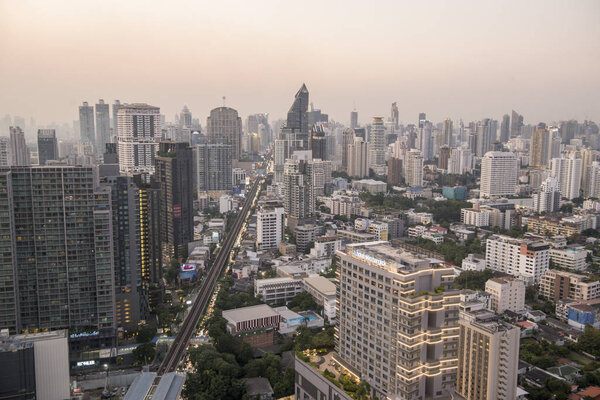 The skyline from the Roof Top of the Marriott Hotel with the Sukhumvit road in the city of Bangkok in Thailand in Southest Asia. Thailand, Bangkok, November, 2019