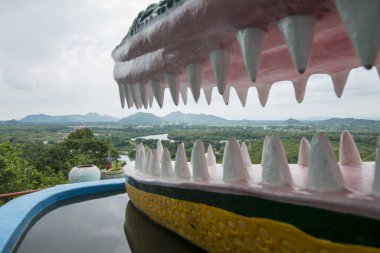 Tayland 'ın güneyindeki Pranburi kasabası yakınlarındaki Timsah Tapınağı veya Chao Mae Tubtim Tanga Tapınağı Tayland' ın Hua Hin kasabası. Tayland, Hua Hin, Kasım 2019