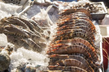 Tayland 'ın Prachuap Khiri Khan ilindeki Hua Hin kasabasındaki Hua Hin Gece Marketi' nde bir deniz ürünleri restoranının önünde taze karidesler. Tayland, Hua Hin, Kasım 2019