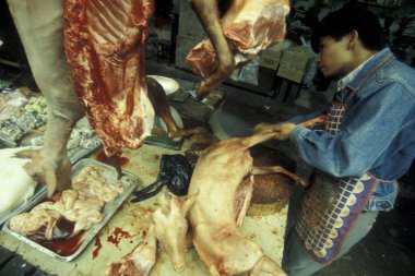 Doğu Asya 'daki Guangdong eyaletinin Guangzhou şehrindeki et ve hayvan pazarında taze et. Çin, Guangzhou, Nisan 2000