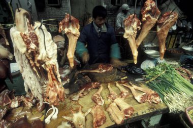 Doğu Asya 'daki Guangdong eyaletinin Guangzhou şehrindeki et ve hayvan pazarında taze et. Çin, Guangzhou, Nisan 2000