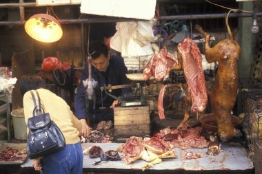 Doğu Asya 'daki Guangdong eyaletinin Guangzhou şehrindeki et ve hayvan pazarında taze et. Çin, Guangzhou, Nisan 2000