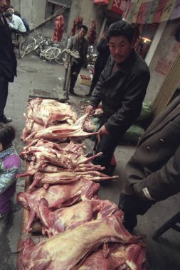 Doğu Asya 'nın Hubei eyaletindeki eski Wuhan şehrindeki hayvan ve deniz ürünleri pazarında köpek eti. Çin, Wuhan, Nisan 2000