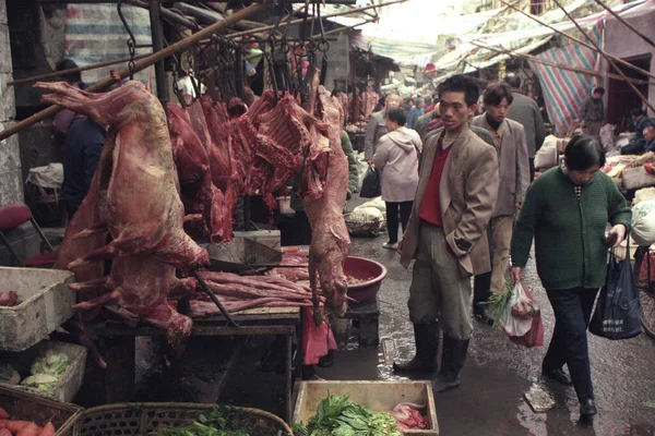 Doğu Asya 'nın Hubei eyaletindeki eski Wuhan şehrindeki hayvan ve deniz ürünleri pazarında köpek eti. Çin, Wuhan, Nisan 2000