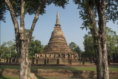 Tayland 'ın Provinz Sukhothai kentindeki Sukhothai' deki tarihi parktaki Wat Chang Lom Tapınağı. Tayland, Sukhothai, Kasım 2019