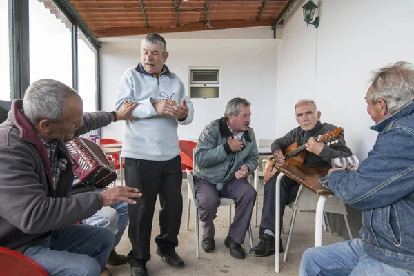 Uomini Più Anziani Stanno Cantando Fado Piccolo Bar Vicino Centro — Foto Stock