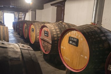 Madeira şarap mahzenindeki şarap fıçısı. Portekiz 'in Madeira Adası' ndaki Funchal 'ın merkezindeki Blandys şarap şirketi. Portekiz, Madeira, Nisan 2018