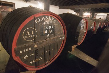 Madeira şarap mahzenindeki şarap fıçısı. Portekiz 'in Madeira Adası' ndaki Funchal 'ın merkezindeki Blandys şarap şirketi. Portekiz, Madeira, Nisan 2018